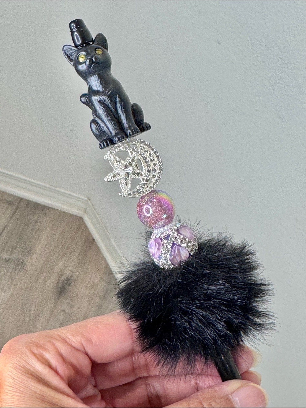 Black cat moon stars extended bling pen